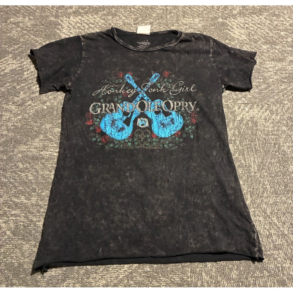 Grand Ole Opry Honky Tonk Girl T-Shirt Womens Small Black Acid Wash Guitars